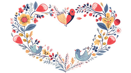 Floral and birds doodle frame in the shape of heart