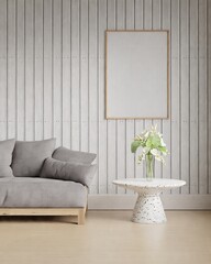 Empty interior frames on white wooden wall inside room with sofa. and a table with a vase of flowers only It is a three-dimensional rendered work.