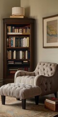 A corner of the living room transformed into a cozy reading nook, adorned with a plush armchair, a stylish floor lamp, and a curated collection of classic novels