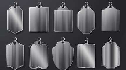 Isolated set of steel tags with blank metal surfaces. Silver or iron bolted plates, shiny button frames, and reflective nameplate badges on black background.