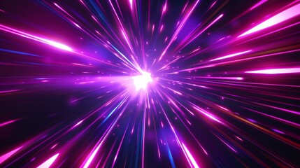 Modern realistic illustration of neon pink, purple rays, circular centric motion on black background, space travel route perspective, explosion energy warp.