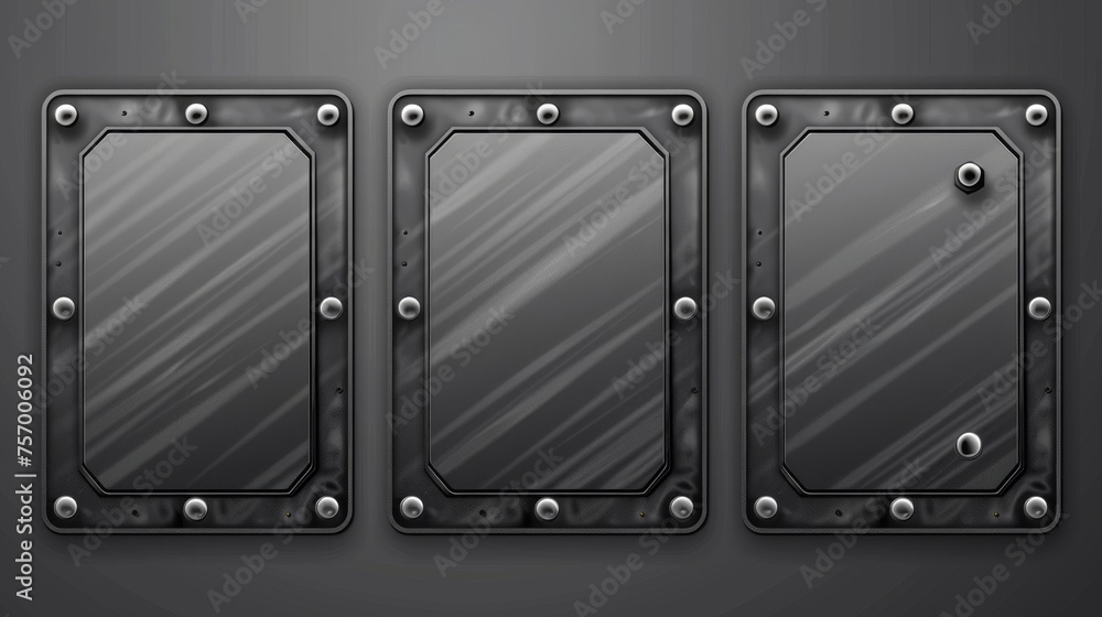 Poster realistic modern set of metal nameplates or boards with empty spaces for signs. silver plaque or sta