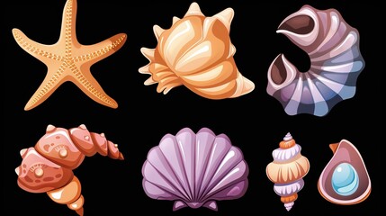 This modern cartoon illustration features marine beach or aquarium seabed design elements such as starfish, shells, molluscs, shells with pearls, souvenirs.