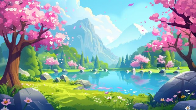Natural spring landscape with lakes surrounding by pink cherry blossom trees and mountains. Cartoon modern forest with daisies, blue water in pond and rocky hills.