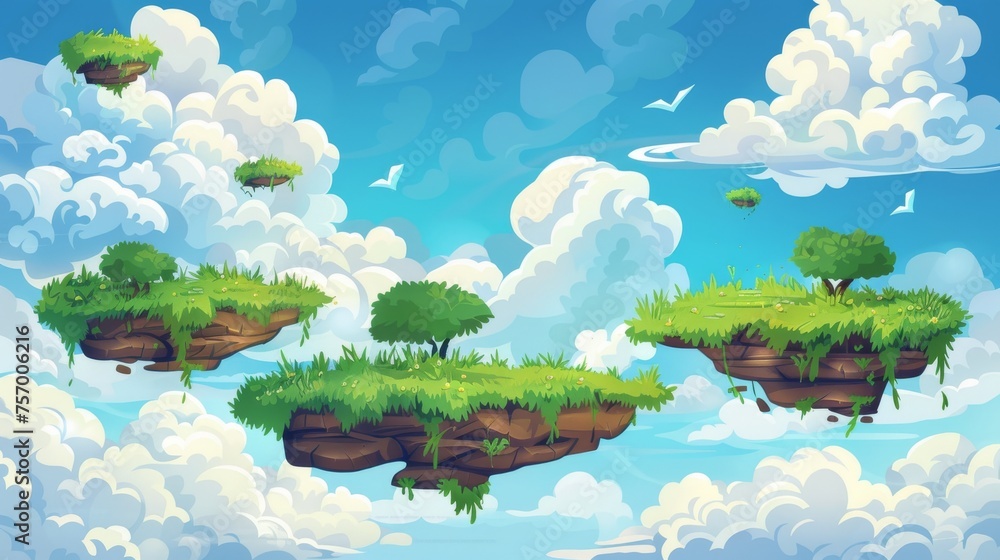 Poster an empty summer fantasy landscape with magic flowing platforms with a green grass island floating in