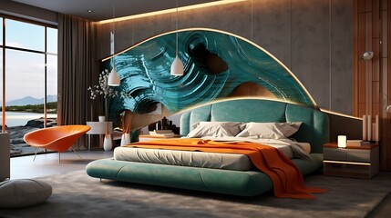a bedroom where the furniture mimics the gentle ebb and flow of ocean waves, with a lava-inspired...