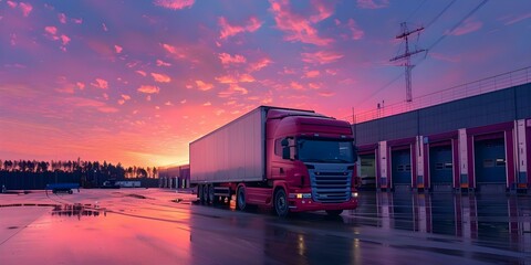 Truck parked outside warehouse at dusk with colorful sunset in background. Concept Industrial, Transportation, Sunset, Warehouse, Truck - obrazy, fototapety, plakaty