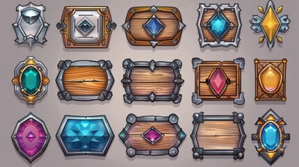 An illustration of vintage silver and wooden borders with shiny surfaces and gem stones adorned on a background of medieval game rank frames. - obrazy, fototapety, plakaty