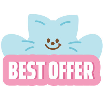 BEST OFFER sale tag with cat for online shopping, marketing, promotion, sticker, banner, special price, discount, social media, print, ad template, sign, symbol, campaign, web, mobile, animal, button