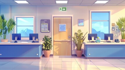 Interior of a hospital reception hall with computers on the registration counter, medical equipment, a door, and decorative plants. Cartoon scene of the waiting area of a medical service department. - obrazy, fototapety, plakaty