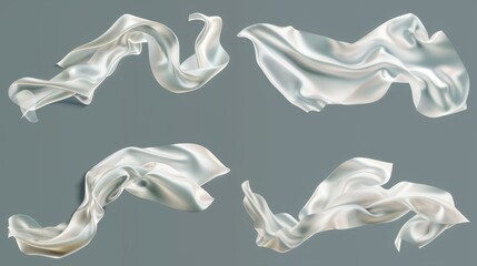 The wind is blowing and curving a piece of fabric drapery tape in the air. A white silk ribbon is flying and flowing in the air. Modern illustration set of a satin cloth or curtain wave.