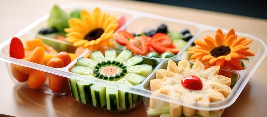 A plastic container filled with food ingredients like fruits and vegetables, creatively arranged to resemble flowers using cake decorating supplies