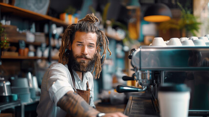 Portrait of The male barista with dreadlocks hairstyle is working in the cafe.