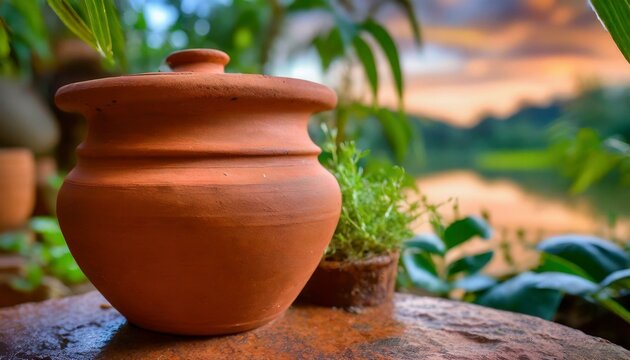 clay pots in garden.a serene image with a close-up shot of a clay pot, incorporating a soft focus to evoke a sense of tranquility and simplicity