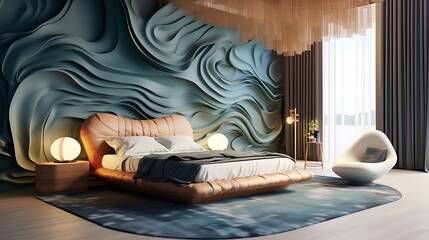 a bedroom with fluid, undulating furniture that evokes the soothing rhythm of ocean waves, incorporating lava-inspired textures and colors to add warmth and intensity - obrazy, fototapety, plakaty