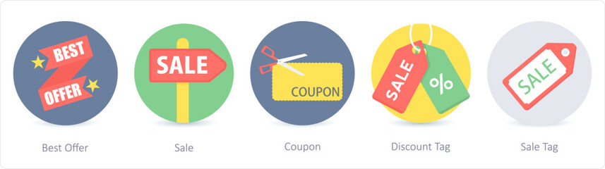 A set of 5 Shopping icons as best offer, sale, coupon - obrazy, fototapety, plakaty