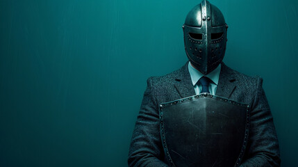 a business man with a helmet and a shield on solid color background with copyspace
