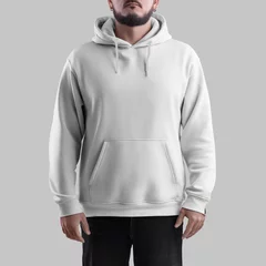 Foto op Canvas White hoodie mockup on bearded man, oversized sweatshirt with pocket, for design, branding, front view. © olegphotor
