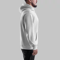 Fotobehang Mockup of white oversized hoodie on bearded man in dark jeans, side, textile apparel with pocket, laces, label for design, branding. © olegphotor