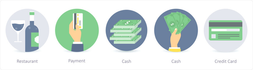 A set of 5 Shopping icons as restaurant, payment, cash