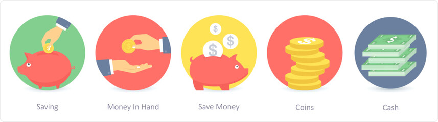 A set of 5 Shopping icons as saving, money in hand, save money