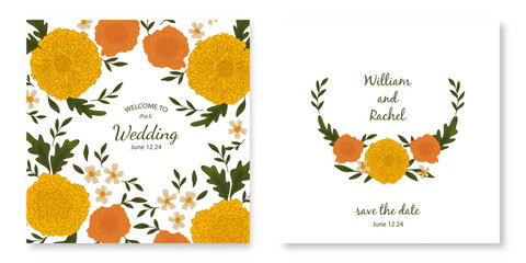 Watercolor Marigold Flower Boorder Wedding Invitation Template with Autumn Theme