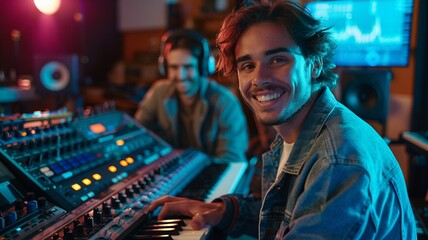 Portrait of male sound producer working on mixing console in recording studio. - obrazy, fototapety, plakaty