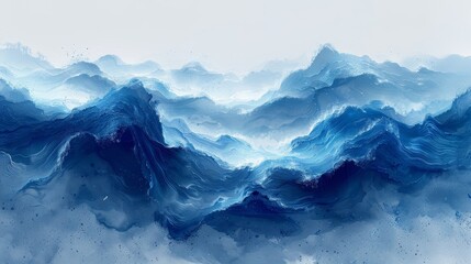 Japanese ocean wave texture with blue brush strokes. Abstract art landscape banner design with watercolor texture.