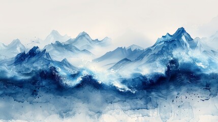 The abstract art landscape banner design uses a watercolor texture modern with a blue brush stroke texture in a vintage style of Japanese ocean wave patterns.