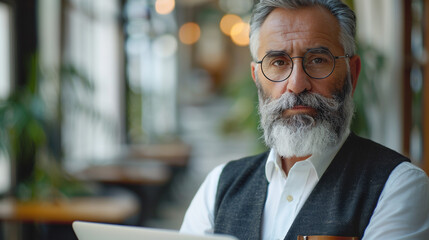 a middle-aged business man with a beard and glasses holding a laptop on solid color background with copyspace