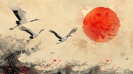 Modern hand drawn wave template. Vintage oriental template with abstract background and crane birds.