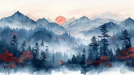 Foto op Canvas Abstract art with geometric pattern modern. Landscape design with a mountain forest environment and grey watercolor texture. Natural background. Marine concept. Japanese icon decoration. © Mark