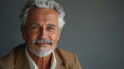 an elderly business man with gray hair and a mustache smiling on solid color background with copyspace