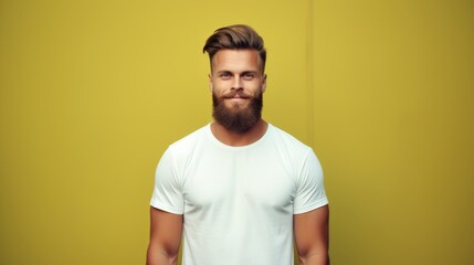 Young man with beard in white t-shirt on yellow background. Mockup of t-shirt.