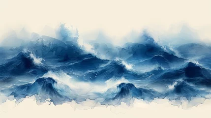 Schilderijen op glas The blue brush stroke texture is a Japanese ocean wave pattern in vintage style. Abstract art landscape banner with watercolor texture modern format. Lines are hand drawn on the canvas. © Mark
