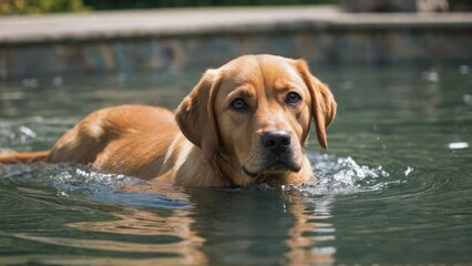 Fox red labrador retriever dog in the swimming pool