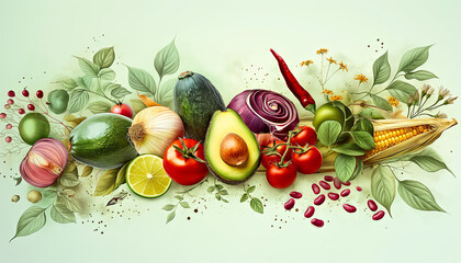 Food composition wit Colorful Fresh Vegetables and Herbs. Healthy and natural ingredients. - obrazy, fototapety, plakaty
