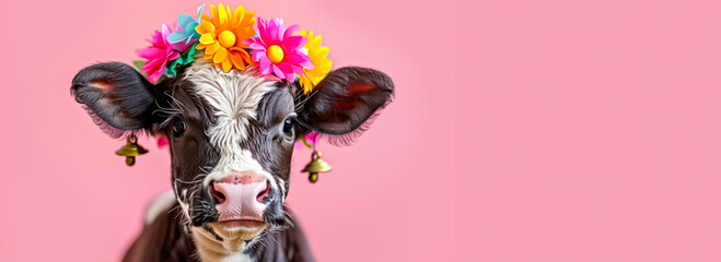 Decorated Cows Celebrating Swiss Spring Festival. Cow Appreciation Day. Swiss traditional cow parade