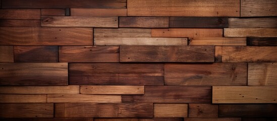 A closeup of a brown hardwood wall made of rectangular wooden blocks, showcasing intricate...