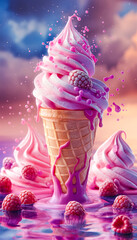 Berry ice cream cone, set against a rainbow sky. Perfect for enchanting dessert campaigns, adversting ice cream