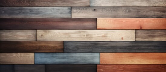 A detailed closeup of a wooden wall featuring different colored hardwood planks in a rectangular pattern. The wood stain brings out the natural beauty of the building material