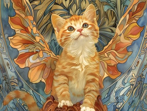 Comic Book Illustration Playful Orange Cat with Fairy Wings in a Colorful Alphonse Mucha-Inspired World