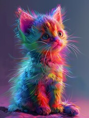 Rainbow Furred Kitten in Hyperrealistic Digital Art Portrait