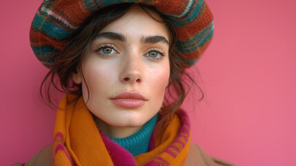 a creative business woman with a colorful scarf and a beret on solid color background with copyspace