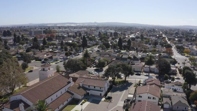 Aerial view of a historic church and surrounding neighborhood of Santa Maria, California, USA.