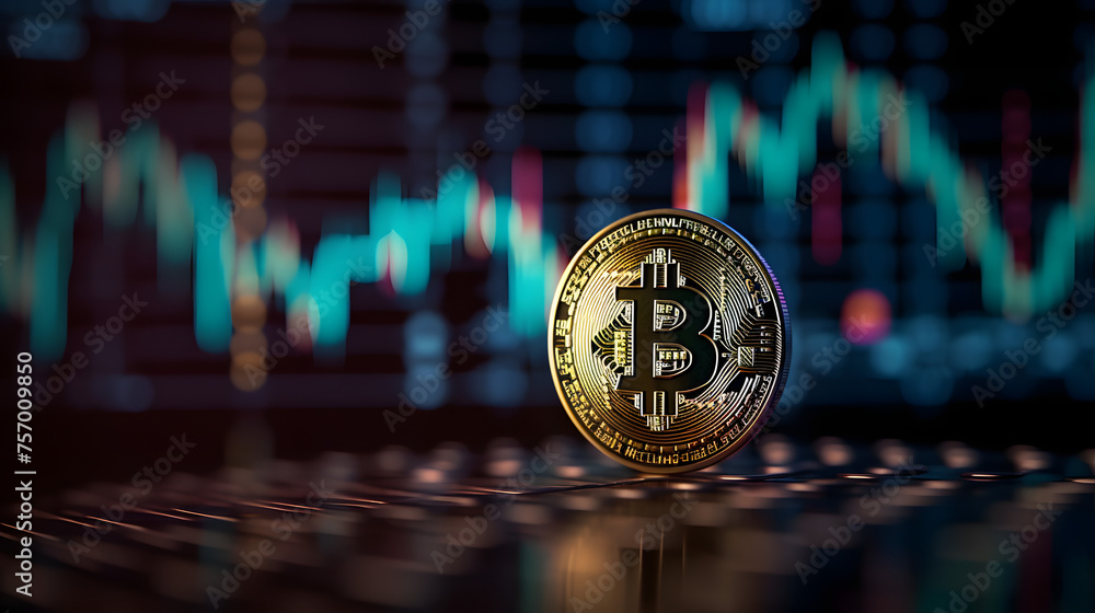 Poster bitcoin on a background of a stock exchange chart