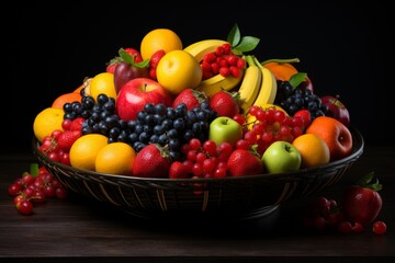 Naklejka na ściany i meble Colorful fruit basket with fresh berries, bananas, apples, and citrus fruits for healthy living