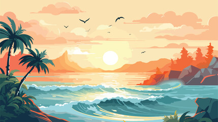 Fototapeta na wymiar Nature scene with ocean with the sun illustration .
