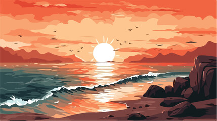 Nature scene with ocean with the sun illustration .