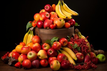 Colorful fresh fruit basket with vibrant berries, bananas, apples, and citrus fruits